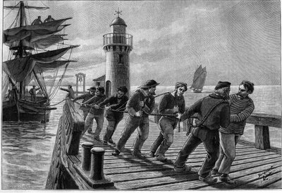 Remolcadores tirando de un barco, finales del siglo XIX. Grabado en "Journal des Voyages" del 26 de marzo de 1899. de French School