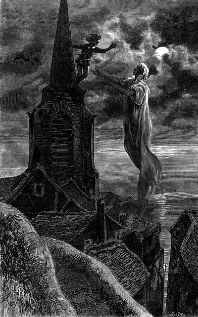 Apareció en el campanario de la iglesia. Grabado que ilustra la novela "Fuego y Llama" de Zenaide Fleuriot. En "Le Journal de la jeunesse" de French School