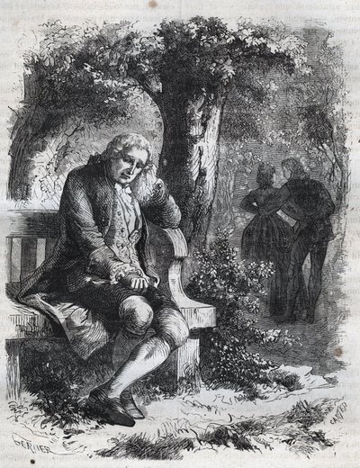 "Escuchó el susurro de un beso." El filósofo suizo Jean Jacques (Jean-Jacques) Rousseau (1712-1778) sorprende a su compañera Marie-Therese (Marie Therese) Le Vasseur (Levasseur) (1721-1801) en pleno adulterio. Grabado de 1871 en “Histoire Des Cocus Celebre de French School