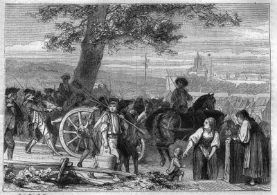 República Helvética, insurrección de los campesinos del Oberland: la marcha sobre Berna (Suiza) en noviembre de 1802 - Grabado de 1865 en "Histoire du Consulat et de l