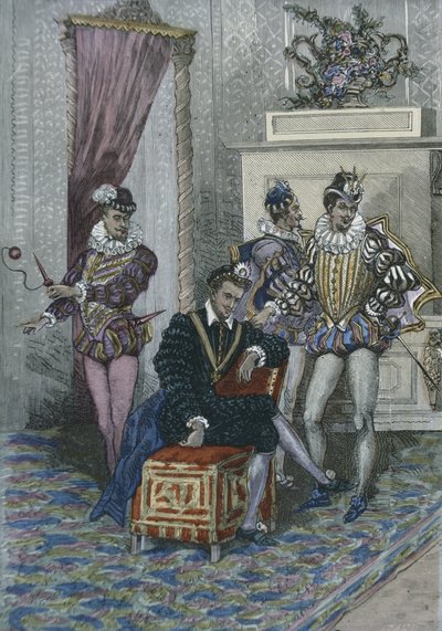 Henri III (1551-89) y sus favoritos (grabado en color) de French School