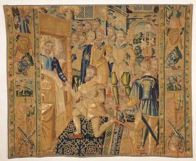Enrique III (1551-89) de Valois entregando las insignias de poder a Enrique III (1553-1610) de Borbón de French School