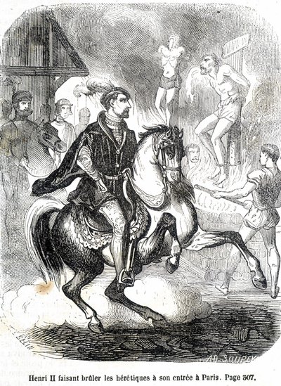Enrique II (1519 - 1559) haciendo quemar a los herejes a su entrada en París - en 