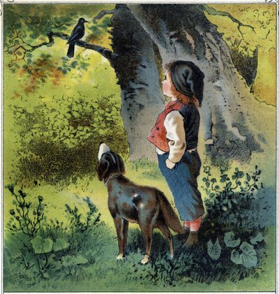Henri observa un mirlo en una rama en el bosque, reflexionando sobre su vida si fuera un pájaro. Cromolitografía de 