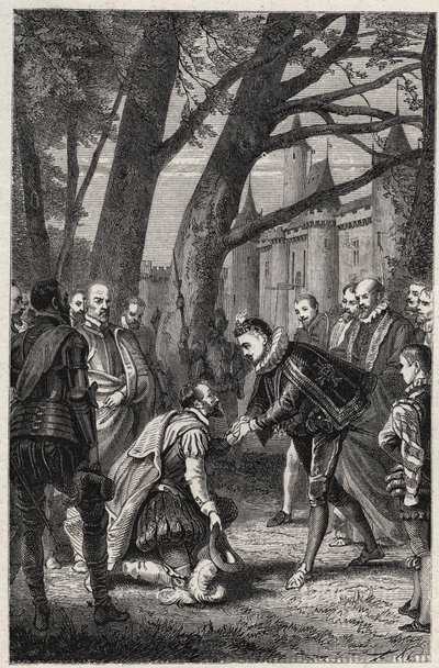 Enrique III y Enrique de Navarra futuro Enrique IV se encuentran en Plessis-les-Tours el 30 de abril de French School