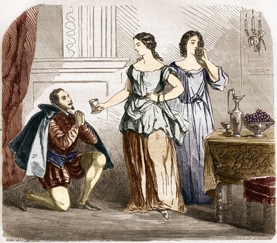 Enrique IV (1553-1610), Rey de Francia siendo servido por mujeres semidesnudas. Grabado en 