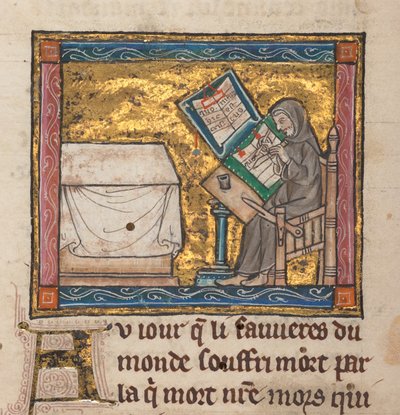 Ermitaño escribiendo en un escritorio, miniatura de "Estoire del Saint Graal, La Queste del Saint Graal, Morte Artu", c.1315-25 (tinta sobre pergamino) de French School