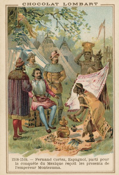 Hernán Cortés, conquistador español, recibiendo regalos del emperador azteca Moctezuma, México, 1518-1519 de French School