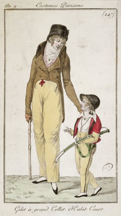 Chaleco de cuello alto y abrigo corto de mañana, de Costumes Parisiens, 1801 de French School