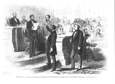 Hiram Revels, el primer senador negro del Estado de Mississippi siendo juramentado en el Congreso de Washington de French School