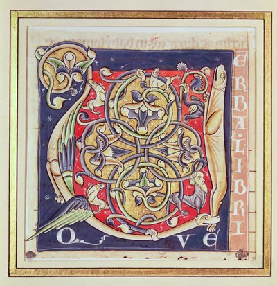 Inicial historiada U con un patrón entrelazado y animales fantásticos, de la Biblia de Saint-Andre aux-Bois de French School