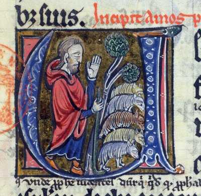 Inicial historiada U que representa al profeta Amós guiando a su rebaño, de una Biblia en latín, siglo XIV de French School