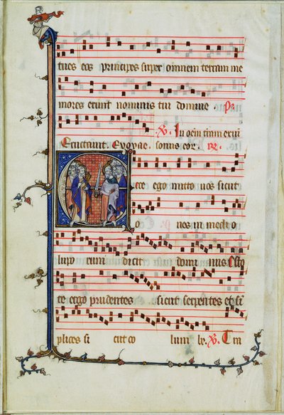 Letra historiada que representa una asamblea de apóstoles, principios del siglo XIV de French School