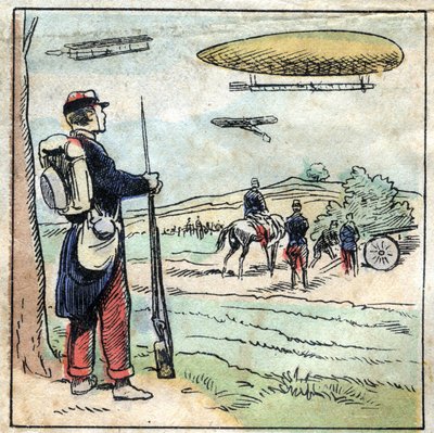 Historia del aluminio. Construcción de partes de aviones y globos aerostáticos de aluminio cuyo peso ligero permite un vuelo más fácil. Imagen de Épinal, finales del siglo XIX. Colección privada de French School