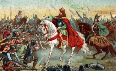 Historia de la Galia en la Edad Media: sajones germanos arrodillados ante el rey Carlomagno (742-814) que ganó las guerras. Cromolitografía de finales del siglo XIX. de French School