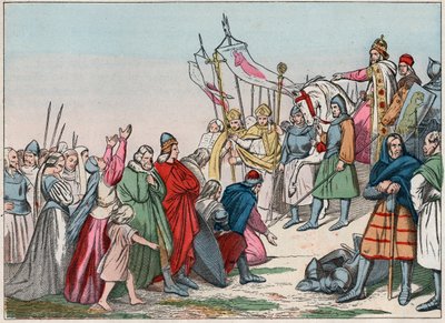 Historia de la Galia en la Edad Media: Sajones germanos arrodillados ante el Rey Carlomagno (742 - 814), vencedor de las guerras - Grabado de finales del siglo XIX en “Nuestras Glorias Nacionales - Imágenes y relatos” de French School