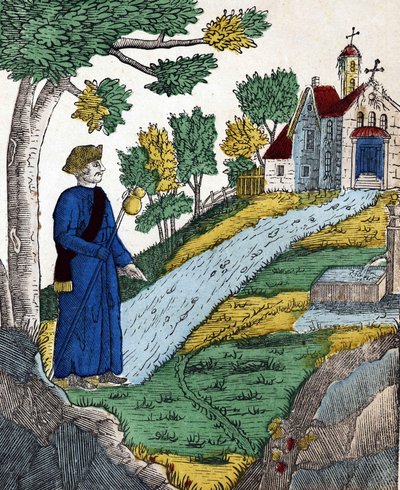 Historia de los cuatro hijos Aymon; Maugis, después de haber hecho prisionero a Carlomagno, fue a una ermita a hacer penitencia de French School