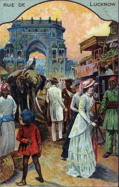 Historia del turismo: Turistas occidentales en una calle de Lucknow, India (Western tourists in a street of Lucknow, India) Cromolitografía del siglo XIX Colección particular de French School