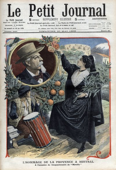 Homenaje de Provenza a Frederic Mistral, con motivo del cincuentenario de "Mireille" (1859) en "Le Petit Journal", mayo de 1909 (grabado) de French School