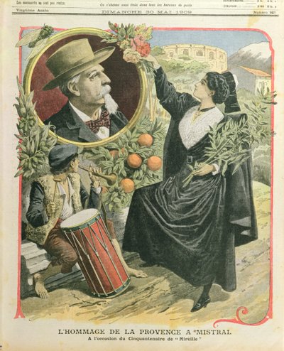Homenaje a Frederic Mistral (1830-1914) en el cincuentenario de la publicación de Mireille, ilustración de Le Petit Journal, 30 de mayo de 1909 de French School