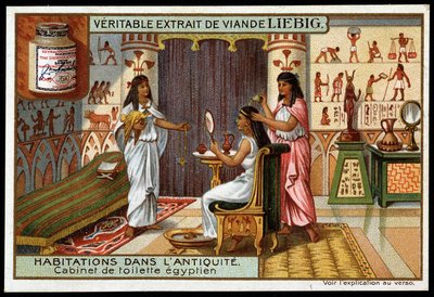 Hogares en la antigüedad: baño egipcio - etiqueta publicitaria de Liebig de French School