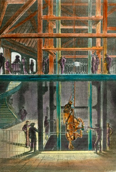 Descenso de caballos en la mina de Creusot en 1865. Grabado del siglo XIX. Colección particular. de French School