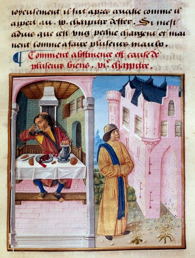 Cómo la abstinencia es la causa de muchos bienes: a la izquierda un hombre pareja de la avaricia y bebiendo con exceso y a la derecha un hombre sobrio alimentando la virtud y dominando la carne. Miniatura de "Le livre de bonnes moreurs de Jacques Legrand". de French School