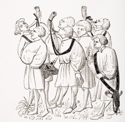 Cómo gritar y tocar cuernos, después de una miniatura en el manuscrito del siglo XV de Phoebus, de 