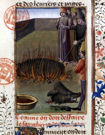 Cómo despiezar un jabalí - en "Libro de Caza de Gaston Phoebus, Conde de Foix, Señor de Bearn" de French School