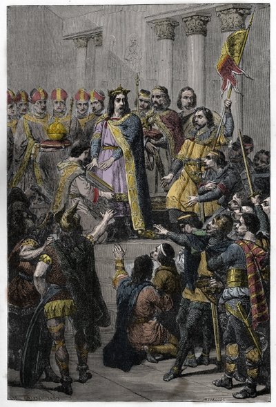 Hugo Capeto elegido Rey - Coronación de Hugo Capeto (ca. 941-996), Rey de Francia, 3 de julio de 987 en Noyon, por Adalberón (ca. 925-990), arzobispo de Reims de French School