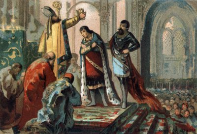 Hugo Capeto, rey de Francia de 987 a 996, hizo que su hijo, el futuro Roberto II el Piadoso (972-1031), fuera consagrado por Adalberón (circa 925-990), arzobispo de Reims, en la Catedral de Orleans para establecer el principio de la herencia, 987. Cromolit de French School