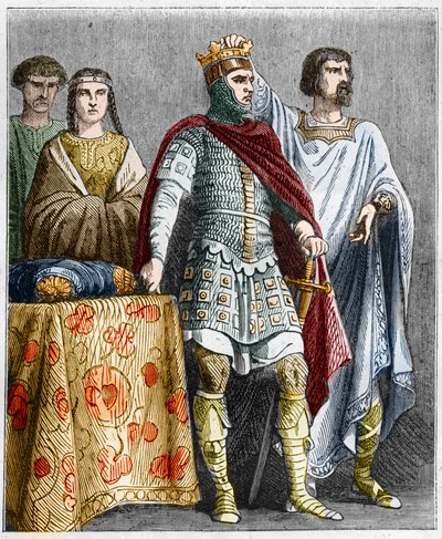 Hugues el Grande (897-956) corona a Raoul o Rodolfo de Borgoña (circa 890 - 936), Duque de Borgoña y Rey de Francia. Grabado en "Historia de Francia en Cien Pinturas por Paul Lehugeur" 1891 de French School