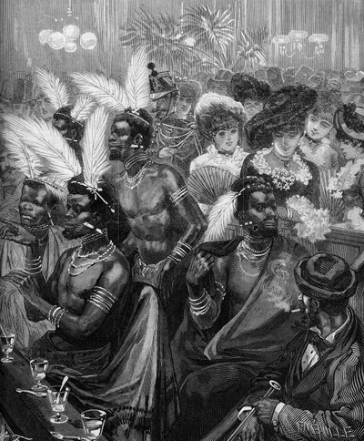Zoo Humano: guerreros zulúes exhibidos en una cabaña en el Cabaret des Folies Bergère (Folies-Bergère) en París en 1879. Grabado en "Le Monde Illustré" n°1178 del 21 de noviembre de 1879. de French School