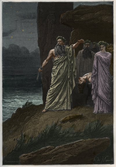 Sacrificio humano por los druidas después de Alphonse de Neuville - Druidas ofreciendo sacrificios humanos - grabado de "L