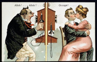 Postal humorística sobre el teléfono, principios del siglo XX de French School