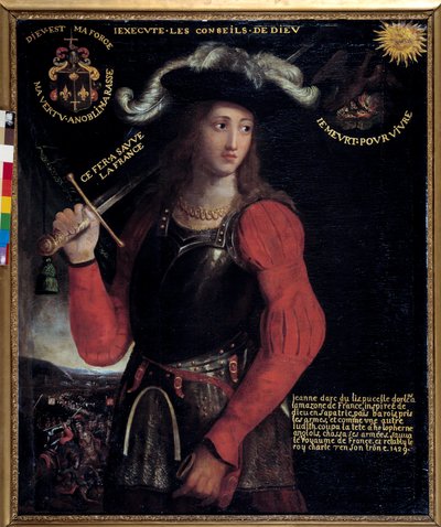 Guerra de los Cien Años: Retrato de Juana de Arco en traje de guerra de French School