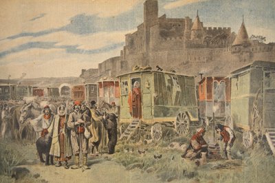 Gitanos húngaros fuera de Carcassonne, ilustración de Le Petit Journal: Supplement illustre, 18 de diciembre de 1898 de French School