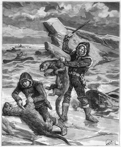 Cazadores de nutrias en Alaska - cazador de nutrias de Alaska en 1888 - Grabado en “Journal des Voyages” 1888 de French School