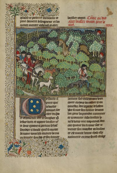 Cazadores persiguiendo a un ciervo, c.1430-40 (témpera, pintura dorada, pintura plateada y pan de oro) de French School