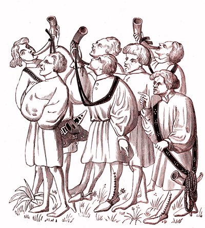 Tocadores de cuerno de caza (siglo XV) - Símil Colegio de una miniatura del manuscrito de Gaston Phebus (1331-1391) de French School