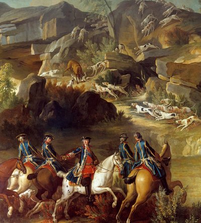 Escena de caza. Los jinetes se dirigen hacia la cierva atrapada por los perros. Detalle de una pintura anónima del siglo XVIII. Gien, Museo de la Caza de French School