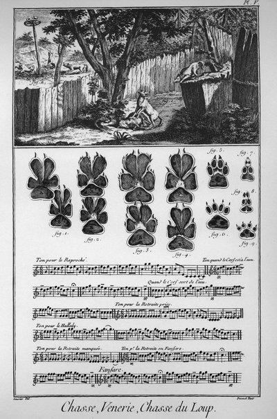 Cazando al lobo (diferentes formas o trampas para atrapar a los lobos) - “La Gran Enciclopedia, o Diccionario Razonado de las Ciencias, las Artes y los Oficios” de Denis Diderot (1713-1784) de French School
