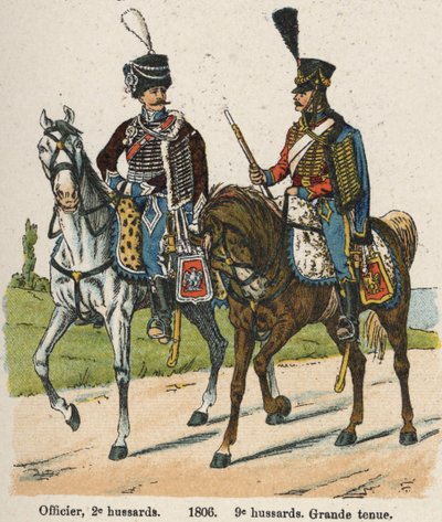 Húsares 1er vendimiario Año XII (24 de septiembre de 1803): Oficial, 2º húsares y 9º húsares en gran uniforme en 1806. Lámina del libro Les Uniforms de l