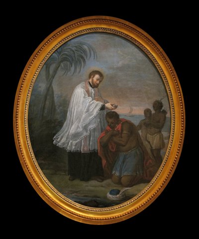 Bautizo de un indio. El personaje que recibe el bautismo no parece ser un amerindio, a diferencia de los dos personajes en el fondo. Esta pintura podría ser una alegoría de la misión evangelizadora jesuita en todos los continentes. de French School