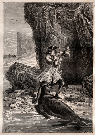 Hundí mi pala en su pecho: Woodes Rogers (1679-1732) atacado por un perro marino (foca) en una de las islas Galápagos en el Océano Pacífico en 1709 - ilustración tomada de 
