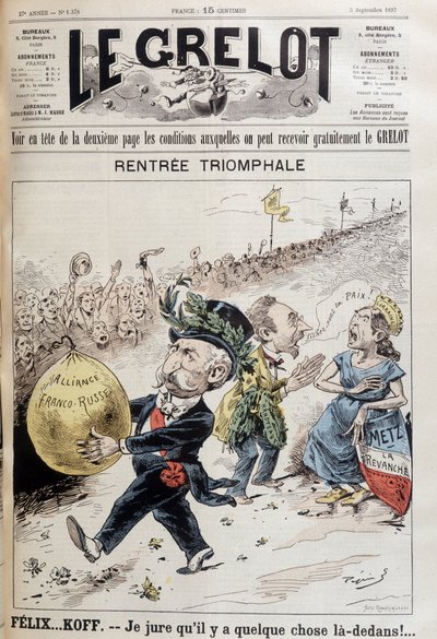 Juro que hay algo ahí. El presidente francés Félix Faure (1841-1899) llevando el globo del préstamo ruso. Detrás, una mujer que representa a Lorena discute con un hombre que dice 