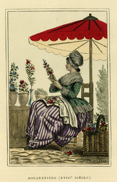 Traje de cabra montés del siglo XVIII. Grabado en color, en "France et les francais a travers les centuries" de Augustin Challamel, F.Roy editor, París 1882. Colección Selva. de French School