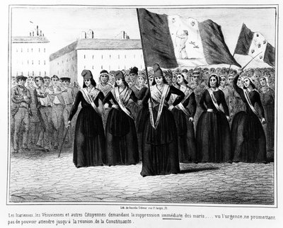 Icarianos y Vesuvianos exigiendo la supresión inmediata de los maridos, de una serie de caricaturas sobre los eventos durante la Revolución Francesa de 1848, publicada en París por Gosselin, 1848 de French School