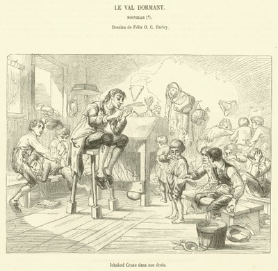 Ichabod Crane en su escuela (grabado) de French School