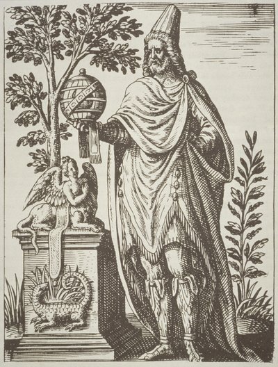 Retrato ideal de Apolonio de Tiana, de De Divinationewet Magicis Praestigiis por Jean-Jacques Boissard, 1605, publicado en A History of Magic a finales del siglo XIX de French School